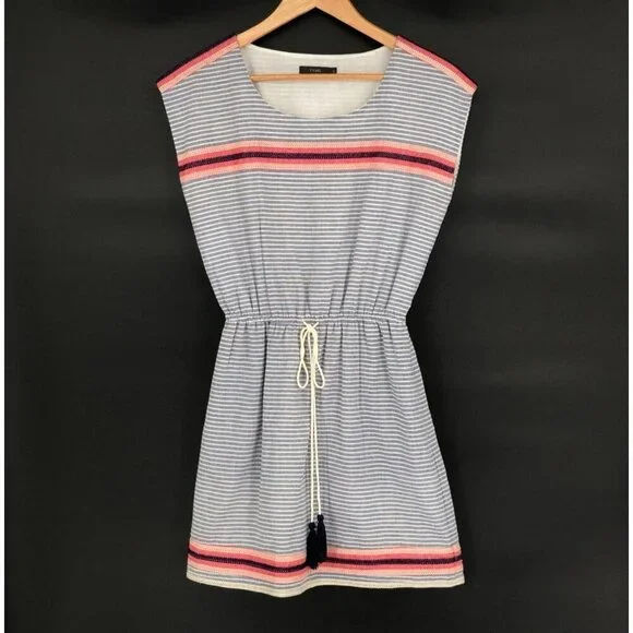 THML Women's Striped Embroidered Mini Beach Dress Size S Coastal Summer Tassels - Picture 1 of 9